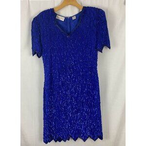Laurence Kazar Royal Blue Sequin 100% Silk Dress Vintage 80's 90's Sz Large.